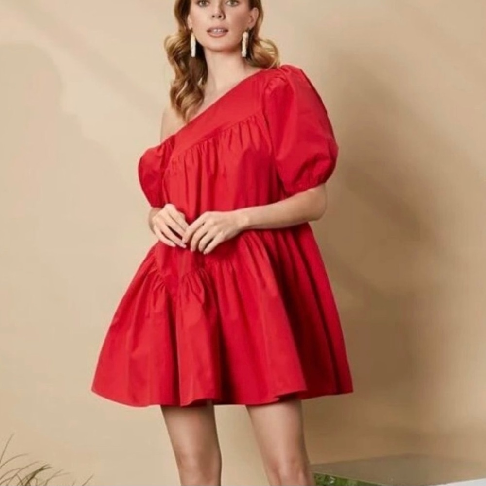 Puff Sleeve Ruffle Hem Asymmetrical Neck Smock Dress Red